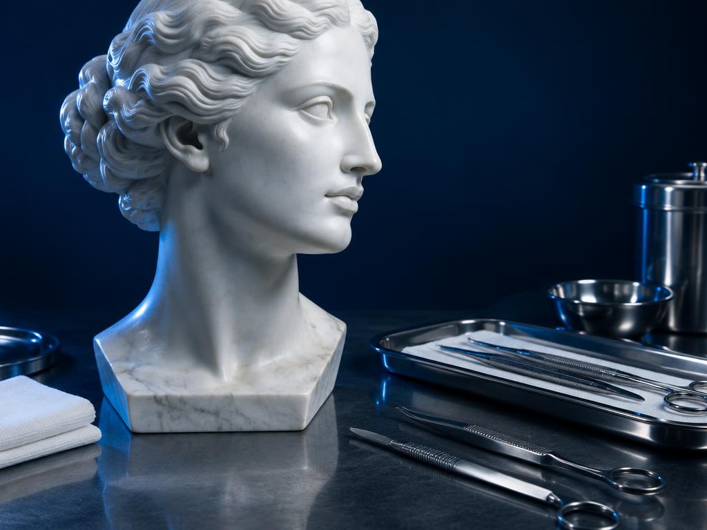 Escultura clássica da face junto a instrumental médico, imagem ilustrativa