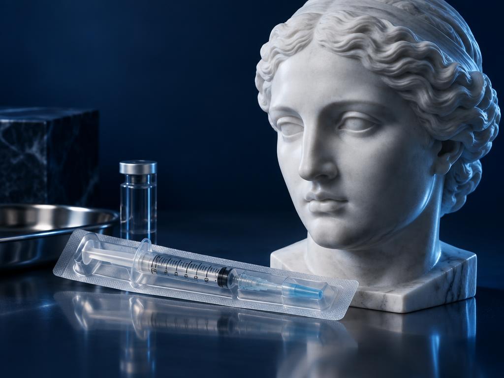 Escultura facial e seringa estéril lacrada em composição clínica, imagem ilustrativa